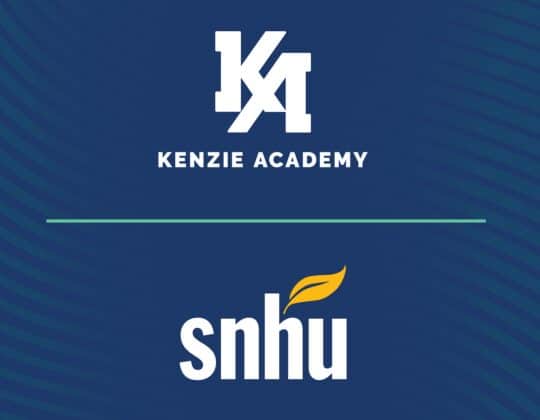 Kenzie Academy logo on top of Southern New Hampshire Logo on navy blue background.