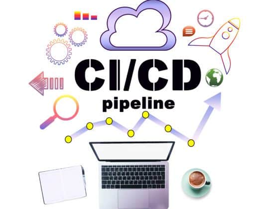 CI/CD Pipeline infographic with laptop